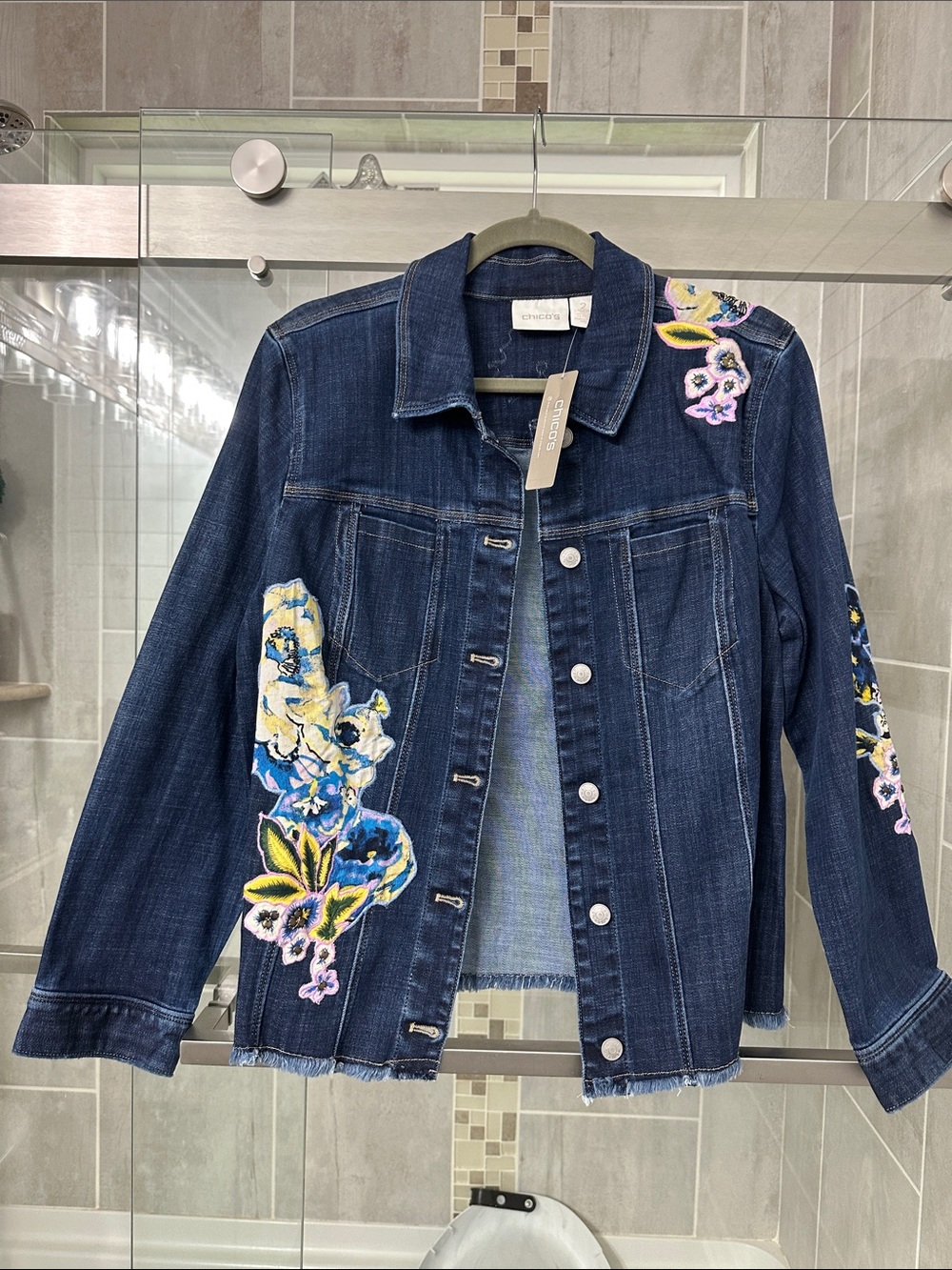 NEW Embroidered Dark Wash Denim Jacket with Floral Appliqué